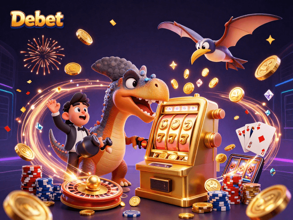 Debet casino illustration with pachycephalosaurus and golden slot machine surrounded by coins.