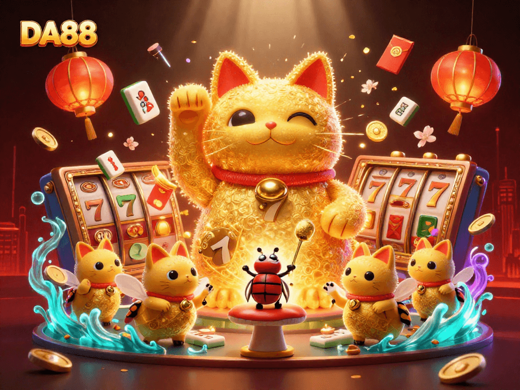 Experience thrilling wins with DA88 as golden fireflies and a lucky cat embody casino excitement!