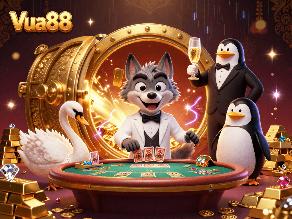 Engage with Vua88's online casino experience, featuring lively baccarat gameplay and glamorous characters.