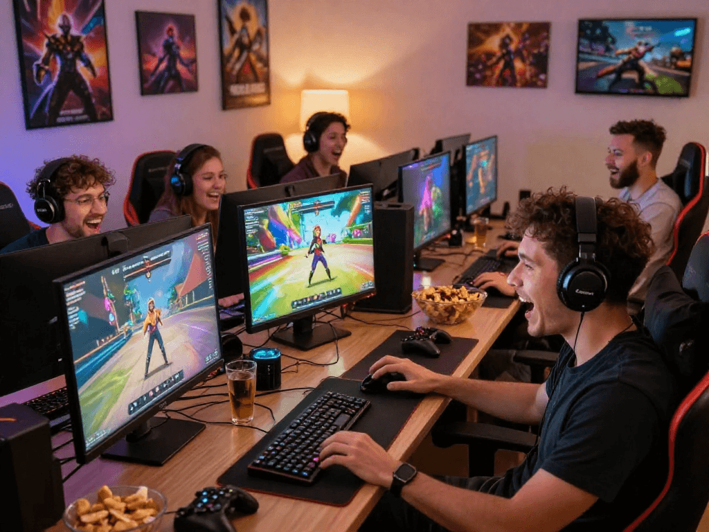 Group of adults joyfully playing porngames on a computer, vibrant graphics, cozy gaming atmosphere.