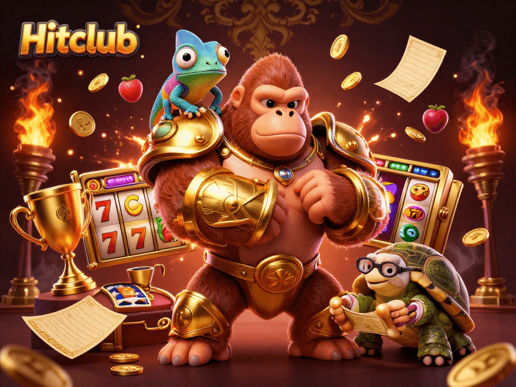 Engage with Hitclub's vibrant slot games, featuring a golden gorilla and chameleon in action.