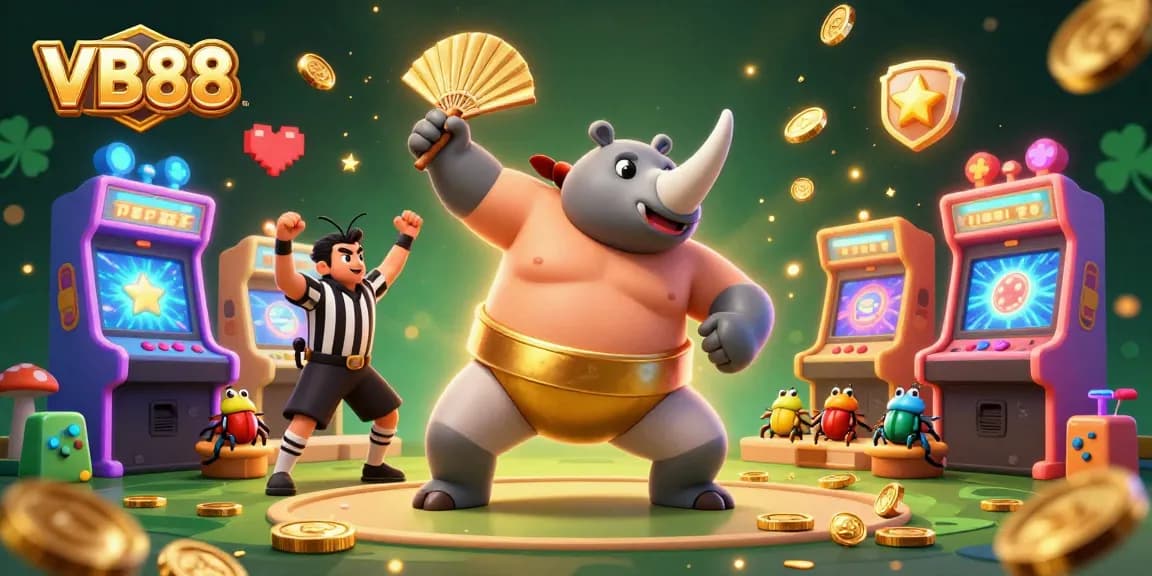 Experience thrilling gaming at VB88 with a vibrant scene of beetle champions in a dazzling casino.