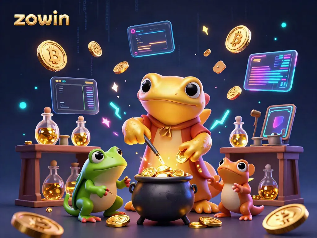 Zowin casino scene showcasing a golden salamander alchemist, frog apprentice, and newt assistants creating gold coins in a rich gambling fantasy.