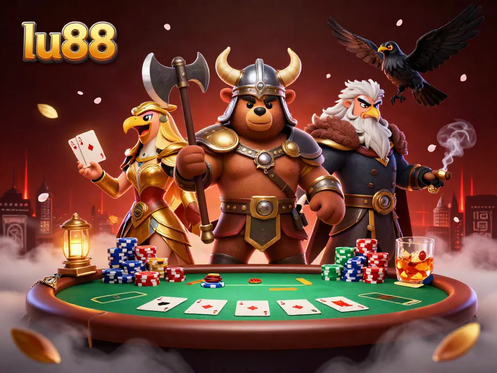 Engage with the thrilling atmosphere of lu88 where a Viking bear and Valkyrie eagle dominate the poker scene.