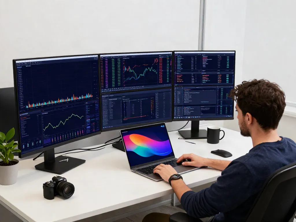 Watch live cryptocurrency trading with multiple screens showing Bitcoin price charts and a DeFi platform dashboard.