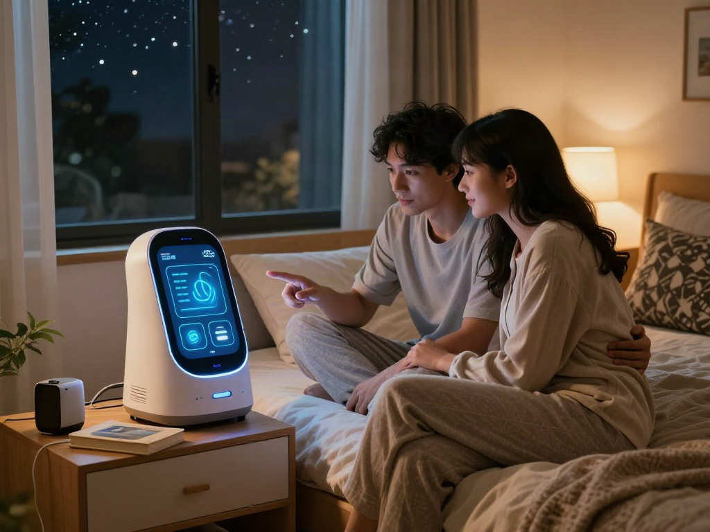 Couple enjoying ai sex experience with a futuristic device glowing softly in a cozy bedroom.