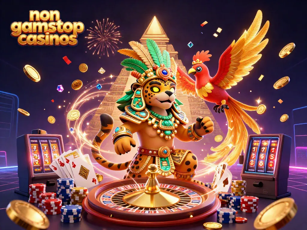 Experience thrilling non gamstop casinos with a vibrant 3D casino scene featuring characters and casino elements.