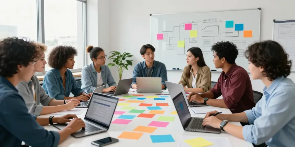 Team collaborating to advertise software to businesses in a modern office.
