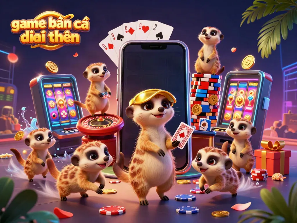 Experience the thrill of game bắn cá đổi thưởng with lively meerkats in a vibrant casino.