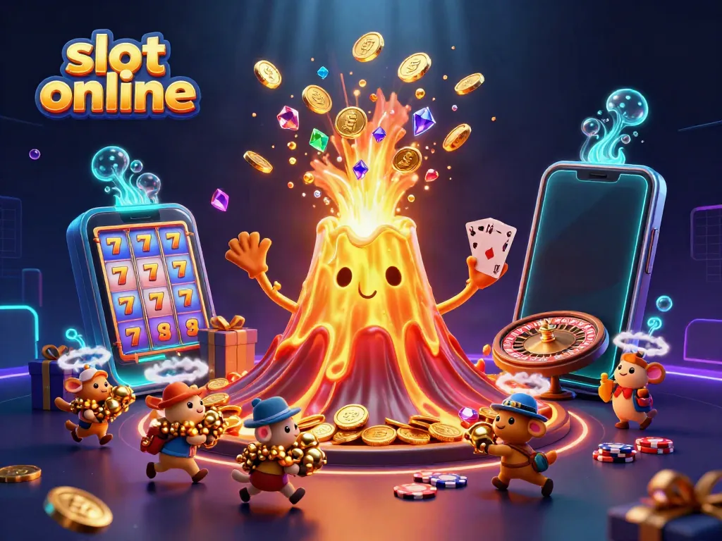 Experience the thrill of slot online with a vibrant 3D illustration featuring a golden volcano erupting treasures and exciting game elements.