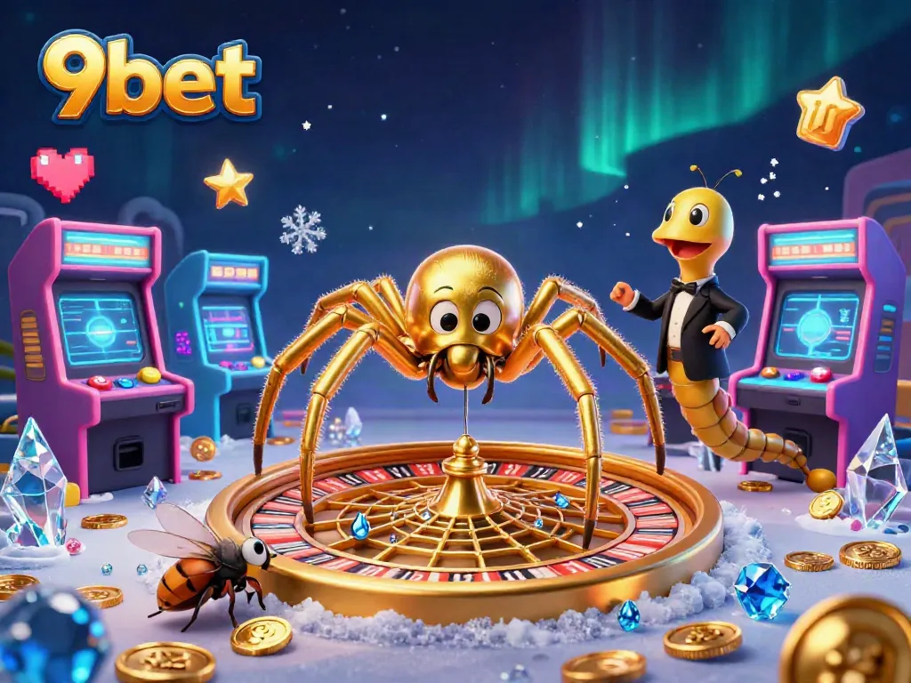 Experience thrilling bets at 9bet with a colorful 3D illustration of a spider-themed casino scene.