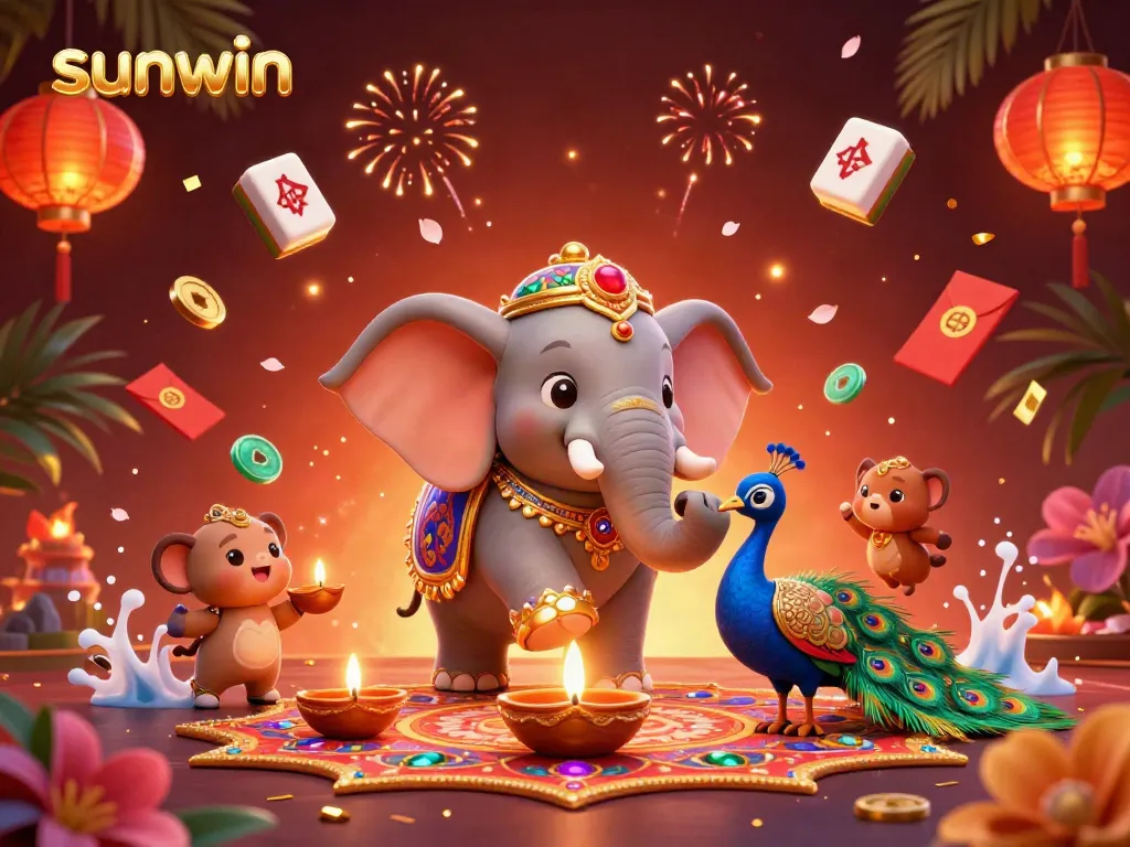 Experience the excitement of Sunwin's gaming atmosphere featuring vibrant characters and dynamic casino elements.