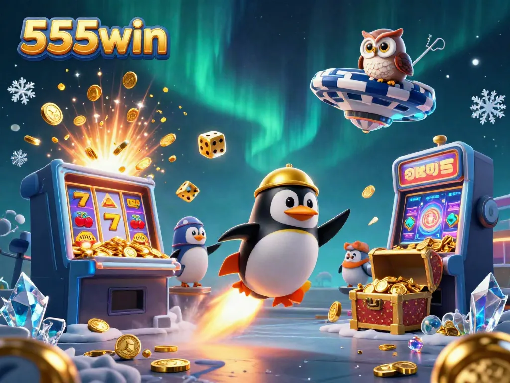 Experience the thrilling excitement of 555win with a dazzling penguin and casino scene bursting with action.