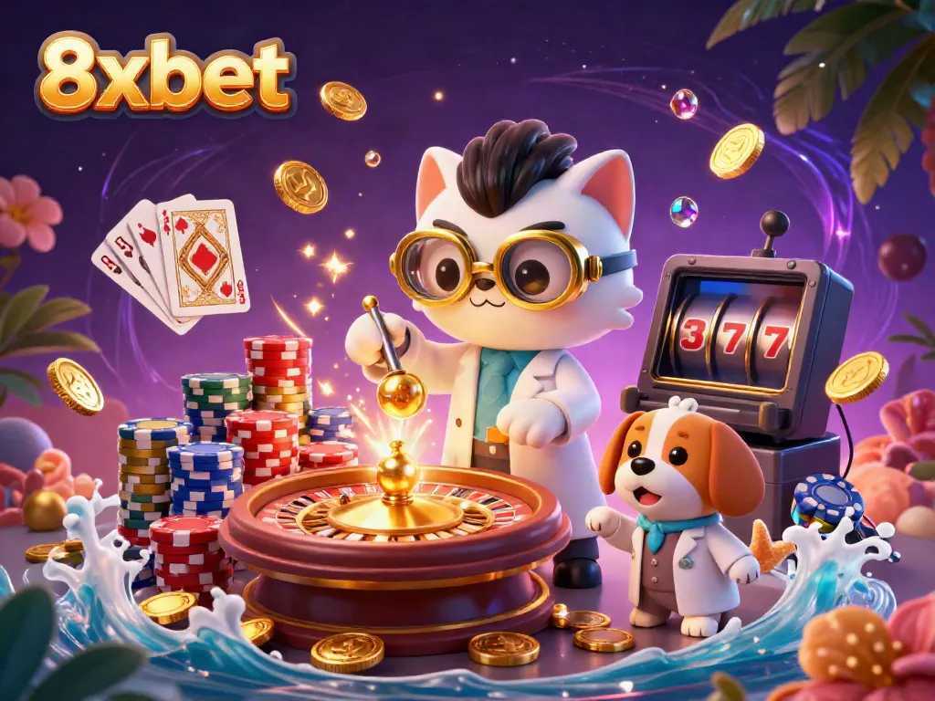 Experience thrilling action with 8xbet as a mad scientist cat creates wealth amidst cascading coins and vibrant casino elements.
