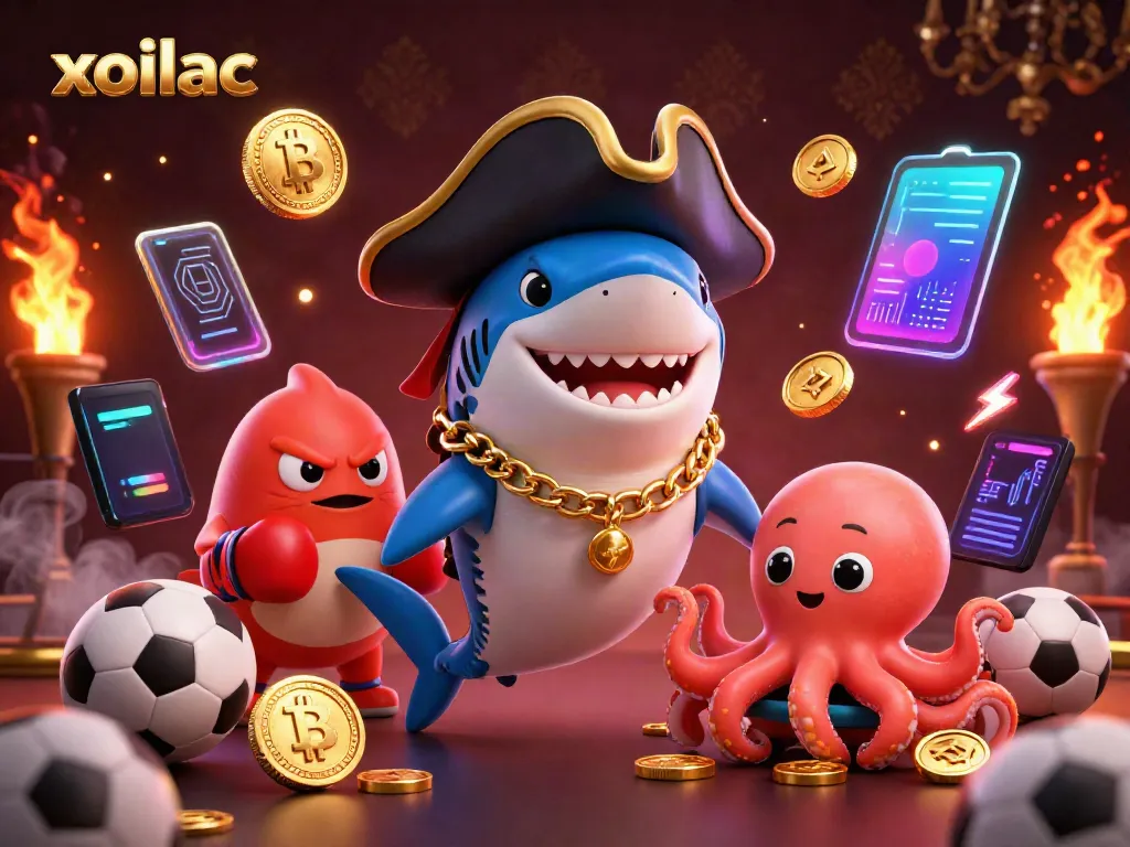 Experience thrilling sports betting with xoilac's ultra-detailed 3D illustration featuring dynamic cartoon characters and crypto elements.