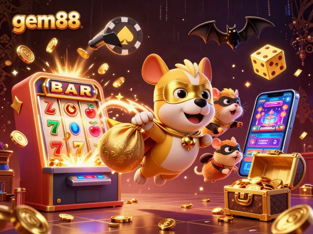 Experience the thrills of gem88 with a vibrant 3D casino scene featuring dynamic characters and elements.