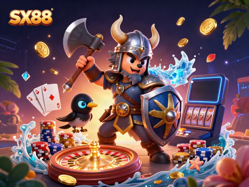 SX88 gaming scene featuring a Viking wolf warrior, dragon, and treasures amidst a vibrant casino environment.