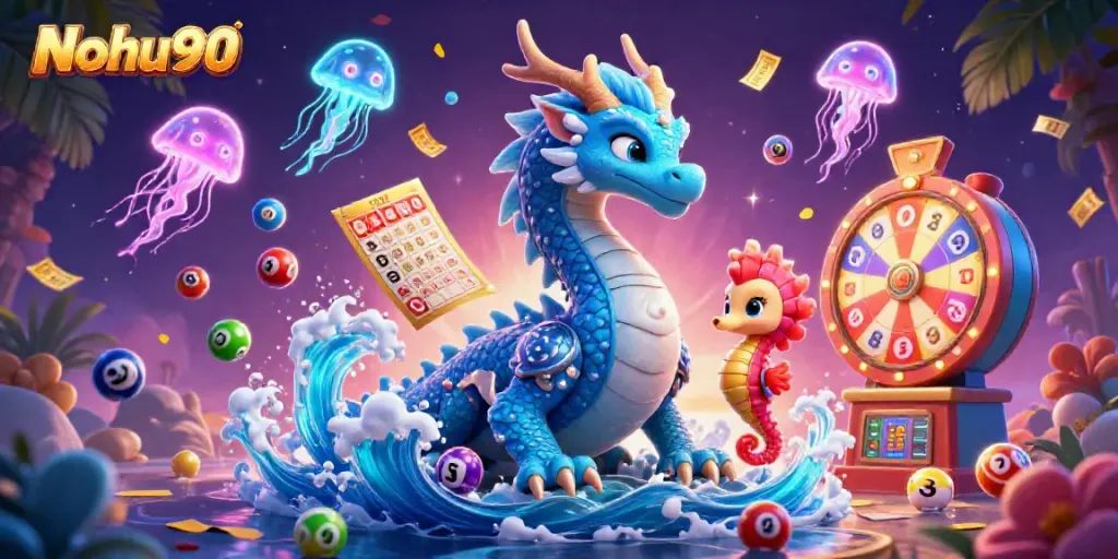 Nohu90 showcases an enchanting scene with a dragon and seahorse knight amid bubbles and casino symbols.