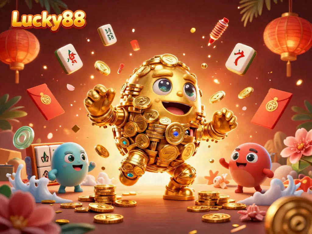 Experience thrilling games at Lucky88 with a vibrant 3D illustration of a golden golem and festive elements.