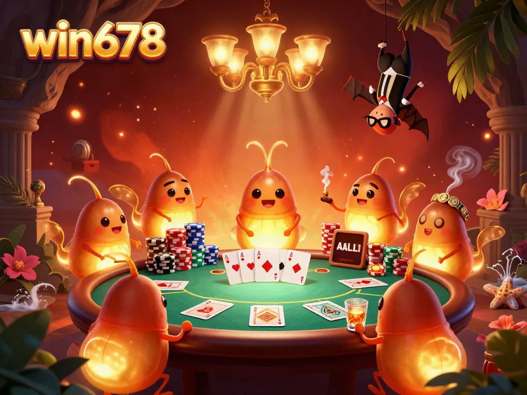 Join the excitement at win678 with glowworms illuminating a vibrant cave casino scene featuring poker elements.