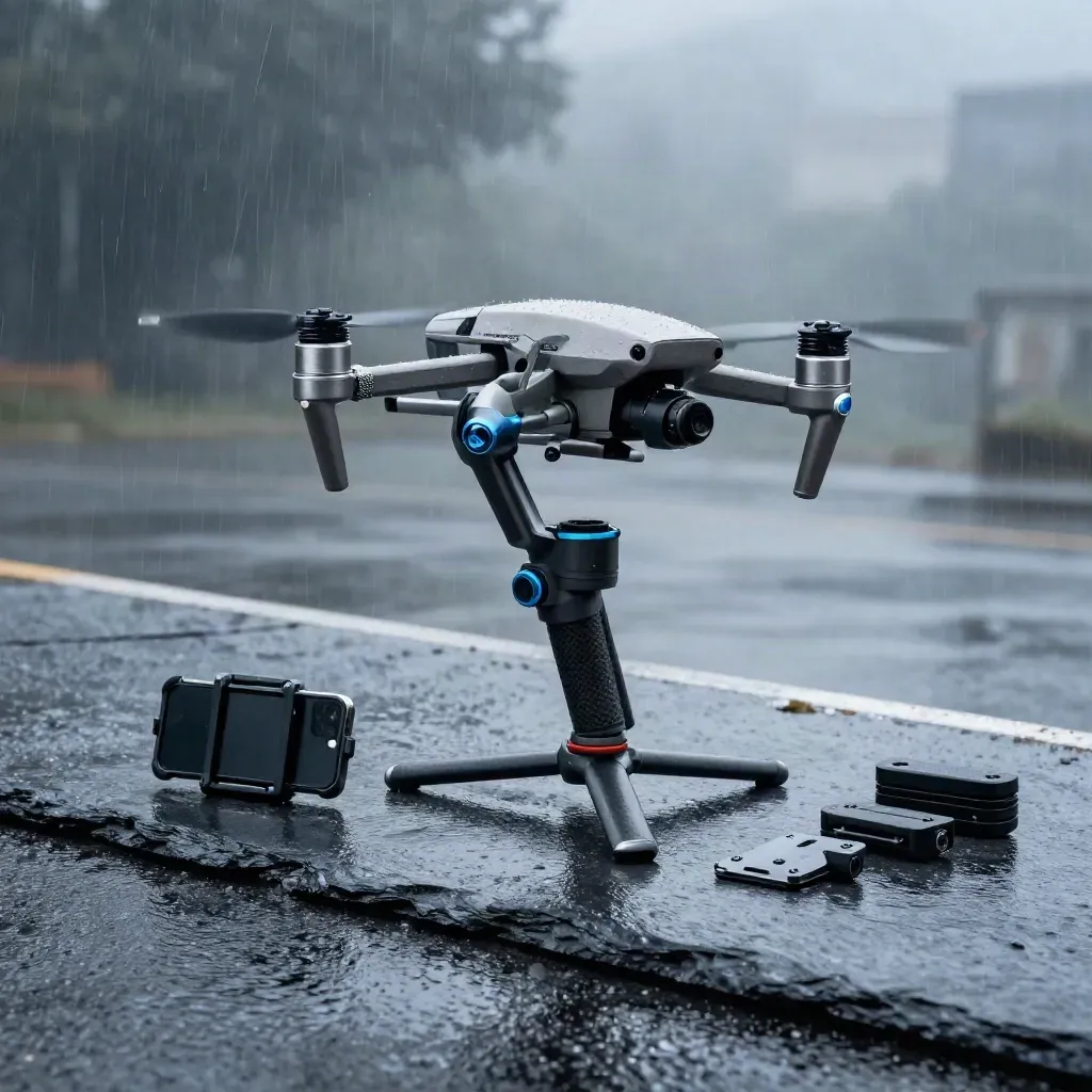 Wet Gimbal Tech stabilizer kit on slate with drone mount, phone rig and plates