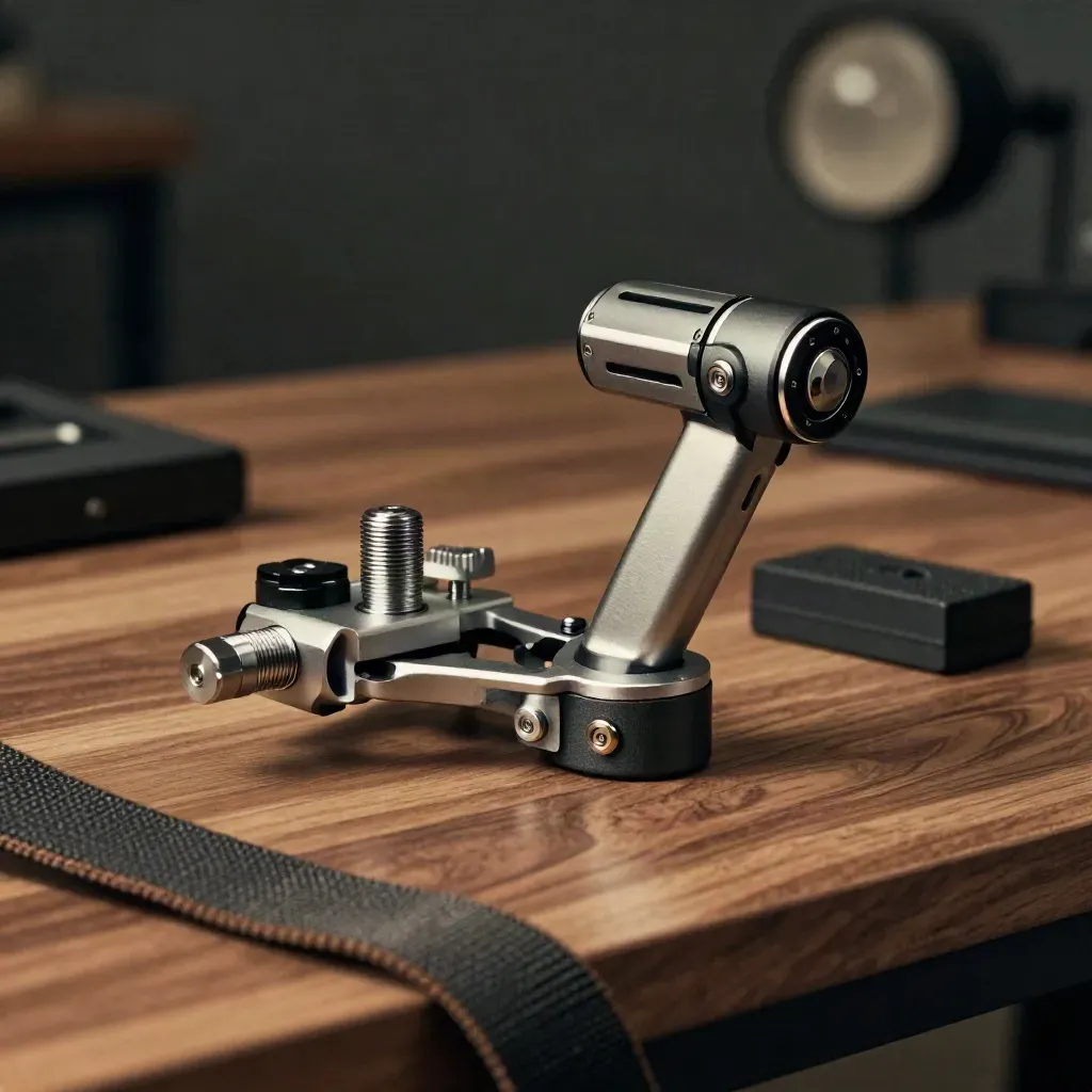 Gimbal head with counterweights and batteries on a walnut bench, lit dramatically