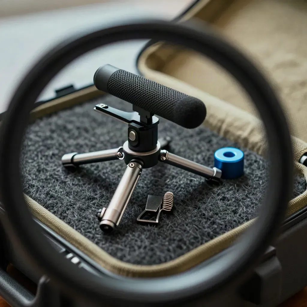 Macro still life of a compact phone rig kit on wool felt with soft bokeh.