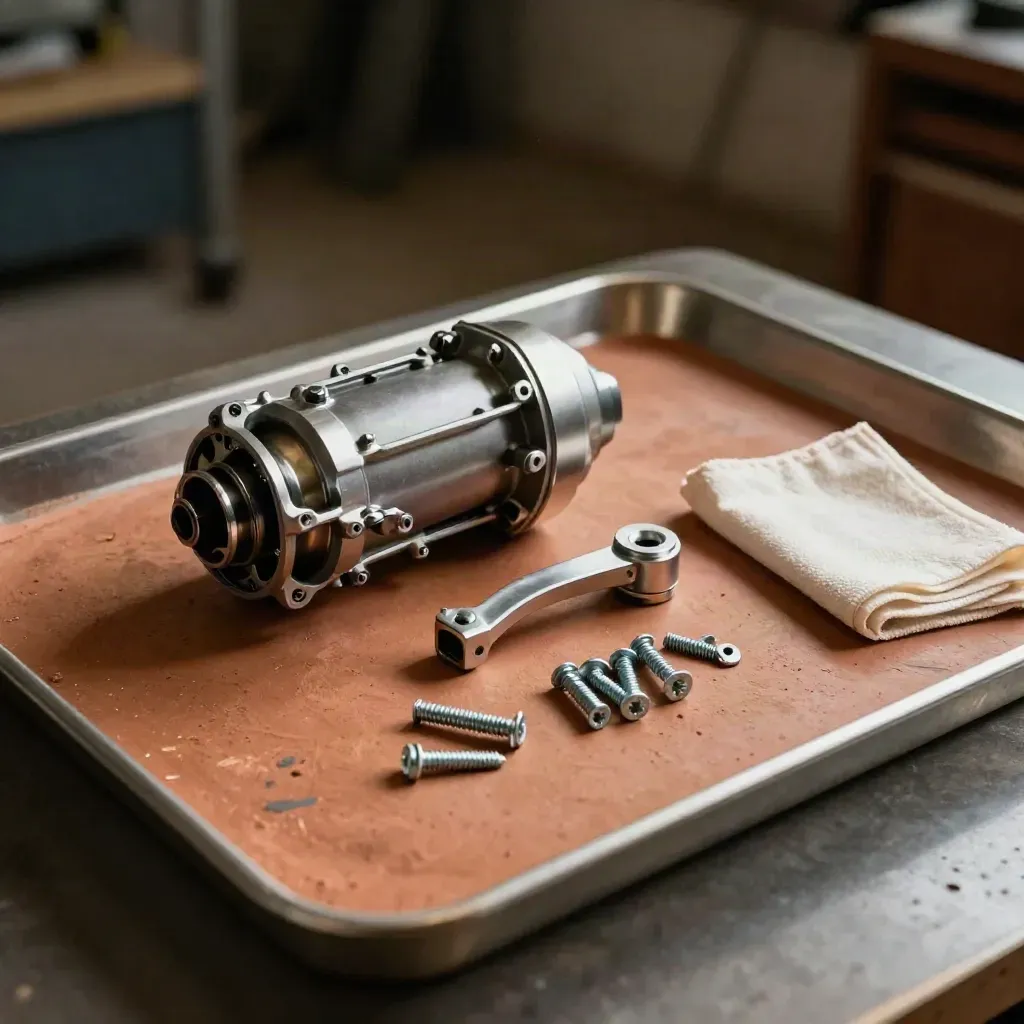 Repair tray with stabilizer motor parts, screws, and cloth on terracotta mat under raking light.