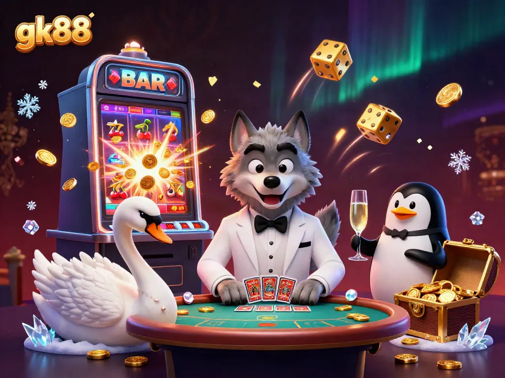 Experience the thrill of gk88 with cartoon characters in a vibrant casino scene filled with riches.