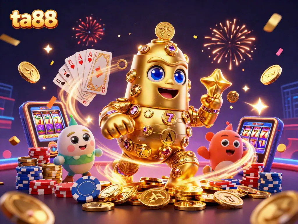 Spin the reels with ta88, featuring a golden golem amidst vibrant casino elements.