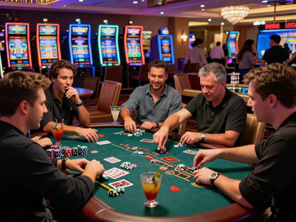 Exciting casino scene with players enjoying games at casinos that accept credit cards, showcasing vibrant atmosphere and lively activities.