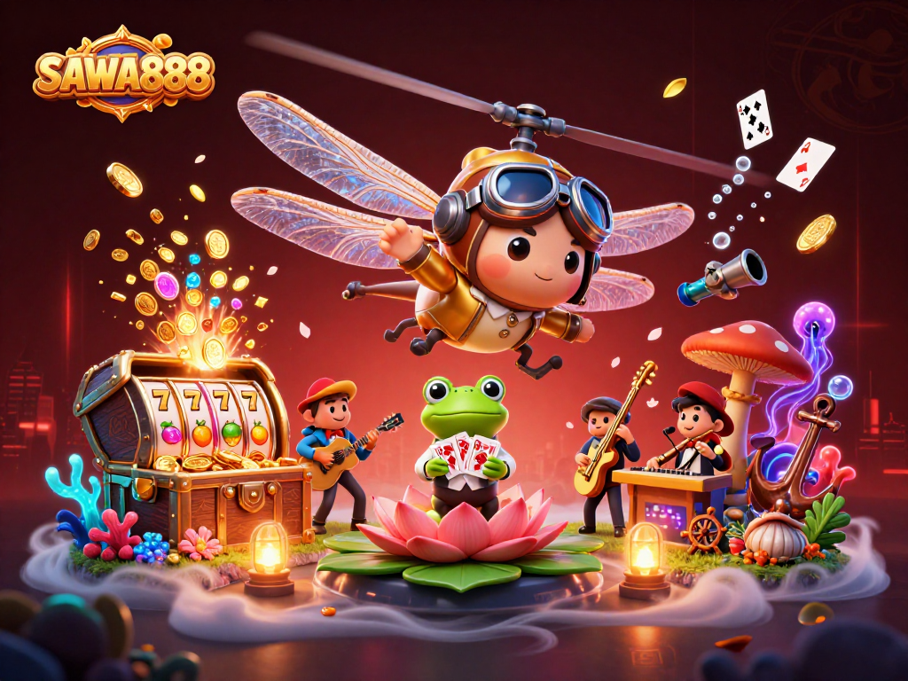 Experience thrilling gaming action with SAWA888, featuring vibrant slots and animated characters.