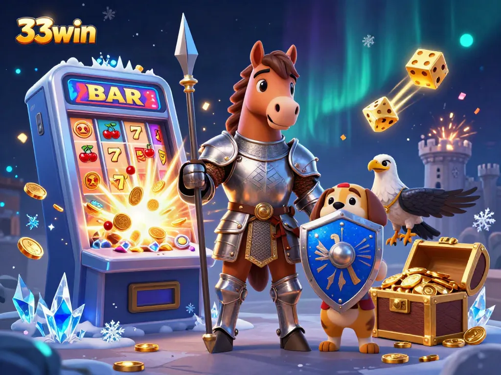 Spin the reels at 33win as the valiant knight and cheerful puppy bring luck in a vibrant casino scene.