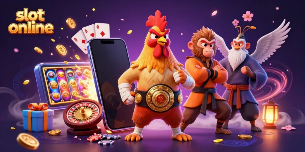 Spin the reels with excitement in this vibrant casino scene featuring slot online action and colorful game elements.