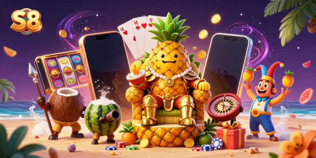 Get ready to play at S8 with our golden pineapple king and vibrant casino elements!