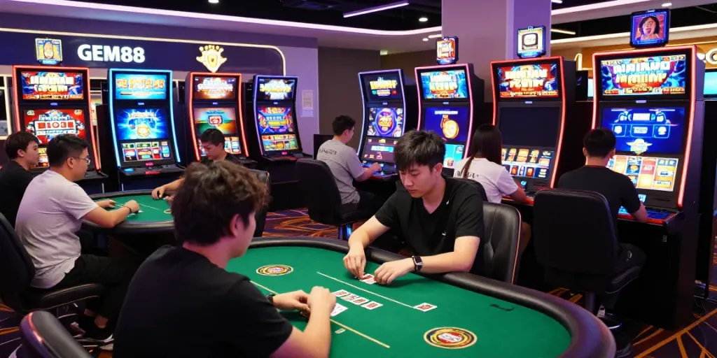 Engaging scene of diverse players enjoying online casino games on http://gem88-mobile.com, showcasing vibrant atmosphere.