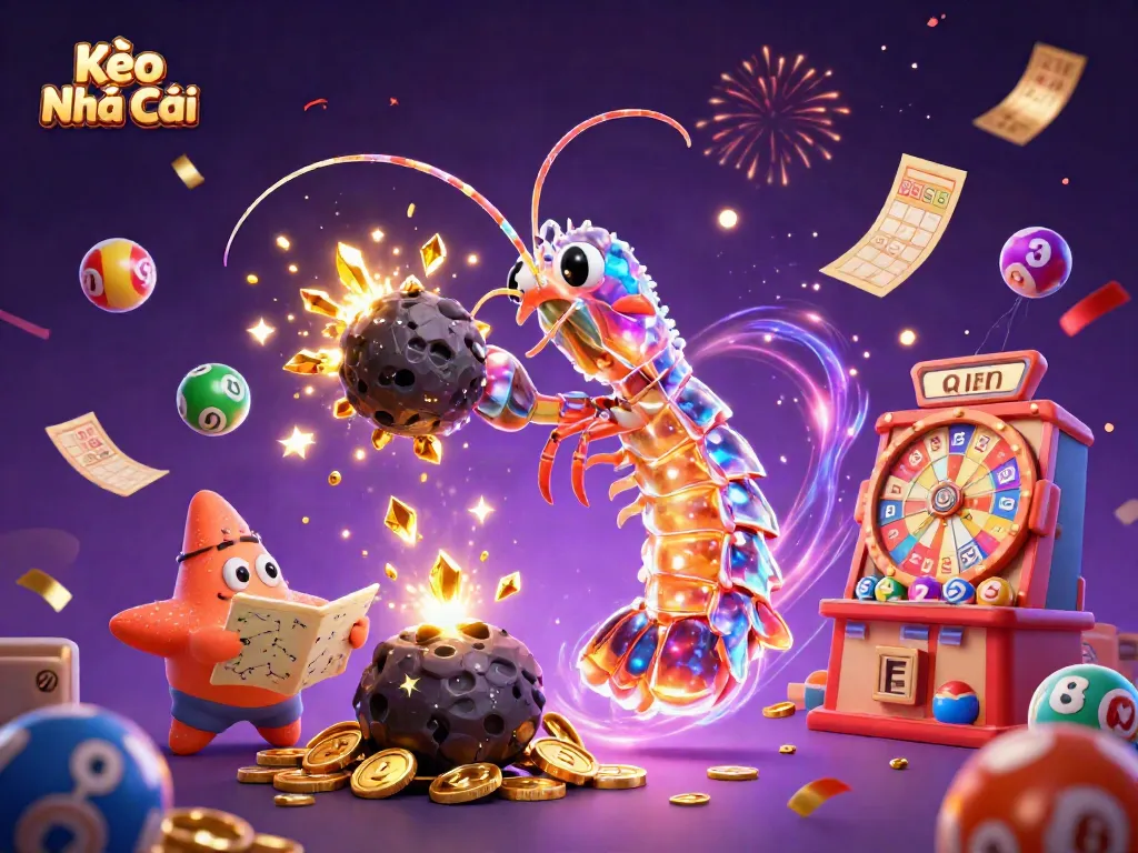 Engage with Kèo Nhà Cái in this dynamic 3D scene filled with excitement, detailed colors, and gambling elements.
