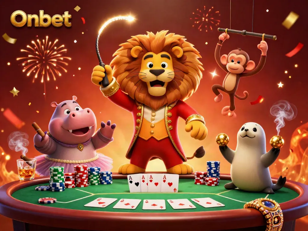 Experience thrilling gameplay with Onbet, featuring circus characters in a vibrant casino scene.