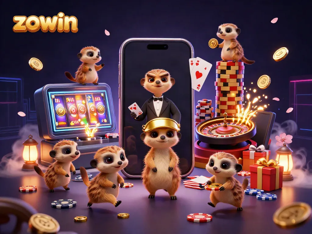 Zowin's meerkat casino scene features card dealers and a pit boss in a vibrant, lively setting.