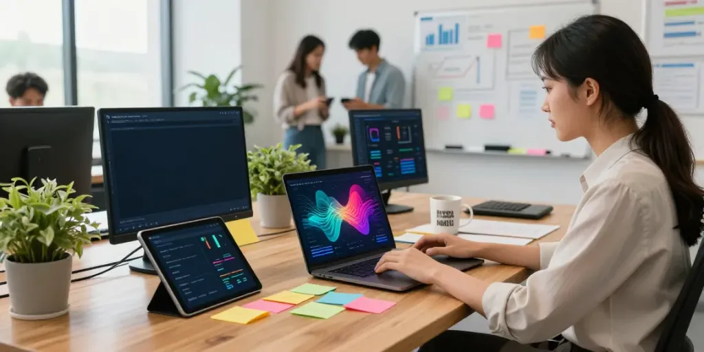 Digital marketer utilizing instant indexing strategies on laptop in a modern office.