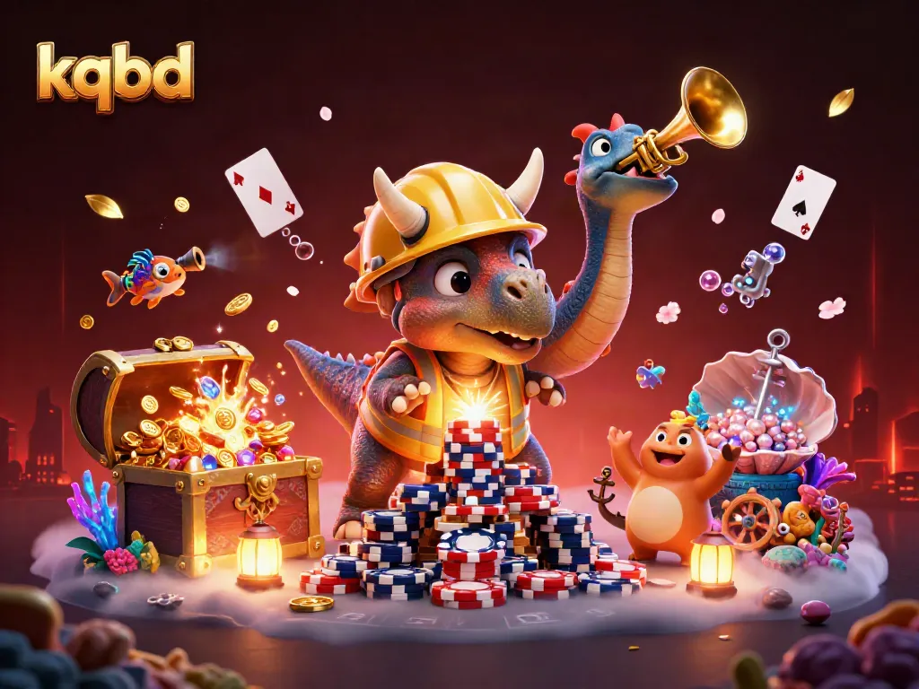 Kqbd showcases a lively 3D scene of a triceratops creating poker chip towers while surrounded by vibrant game elements, celebrating wins.
