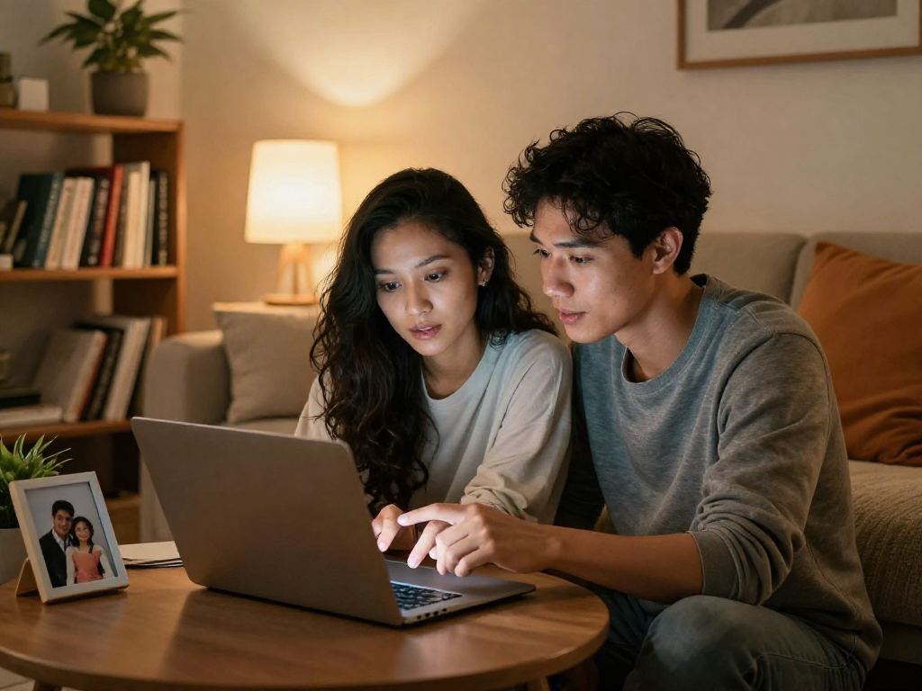 Couple exploring AI sex relationship advice on a laptop in an intimate setting.