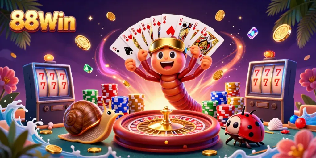 Win big with 88Win in a vibrant casino scene featuring immersive characters and dynamic game elements.