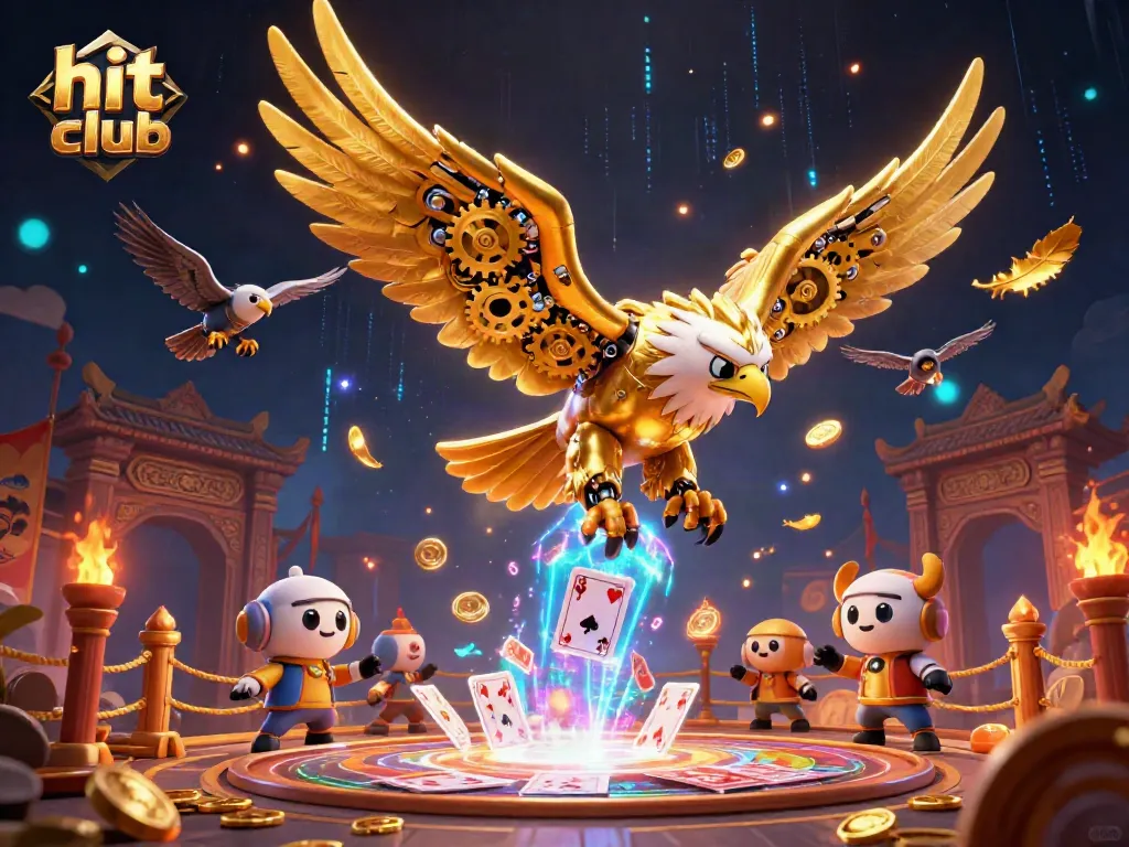 Experience the thrill of hit club gaming with a vibrant 3D illustration showcasing majestic golden eagle characters amidst dynamic casino elements.