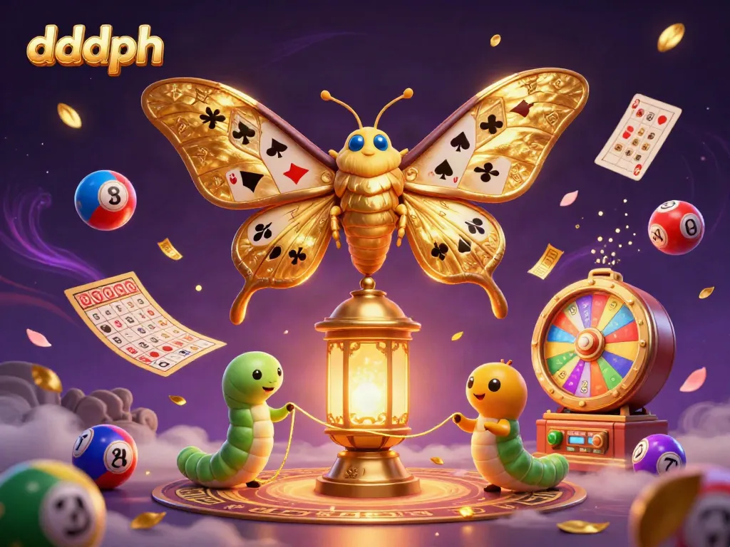 Experience excitement in dddph with 3D cartoon elements like colorful lottery balls and a majestic moth.