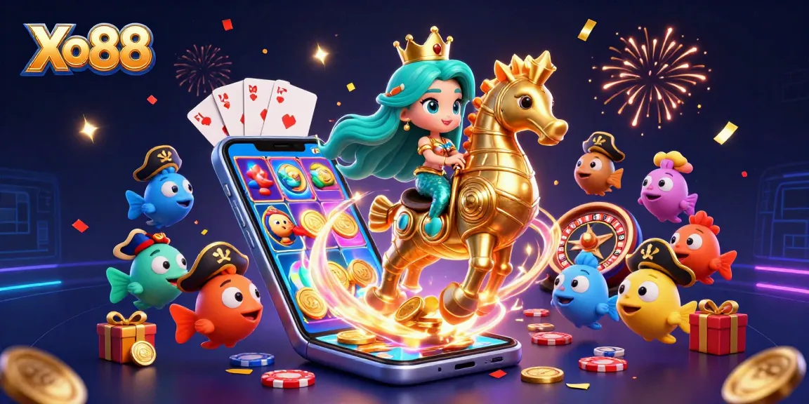 Xo88 Mermaid princess playing thrilling casino games on a giant seahorse with friends in a vibrant underwater scene.