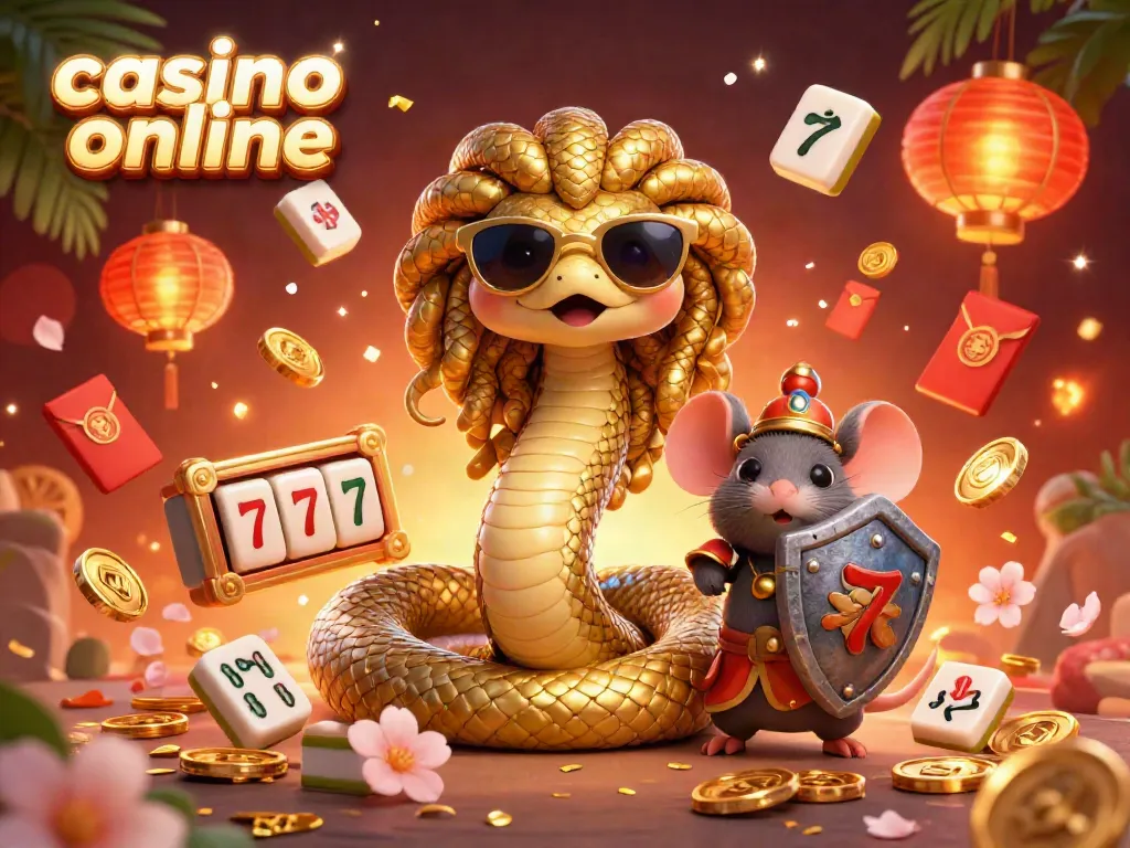 Engaging 3D illustration depicting a friendly Medusa and a warrior mouse surrounded by casino elements for online gaming.