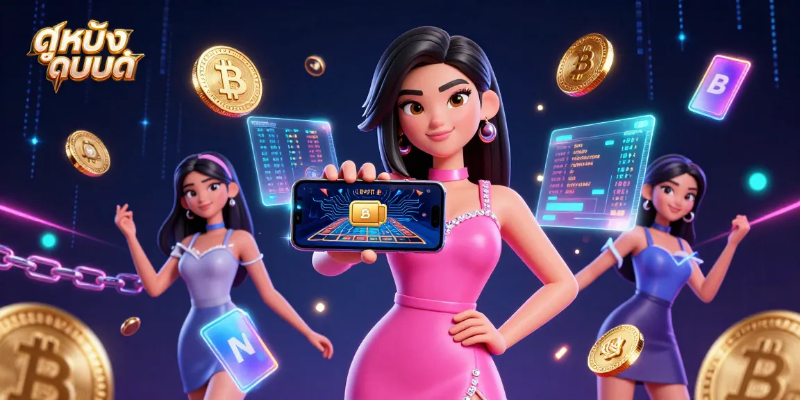 Play ดูหนังออนไลน์ with an exclusive 3D virtual casino atmosphere featuring a confident Asian woman showcasing modern gaming elements.