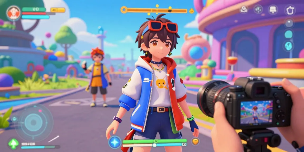 Femboy hentai games character in stylish attire within a vibrant fantasy gaming environment.