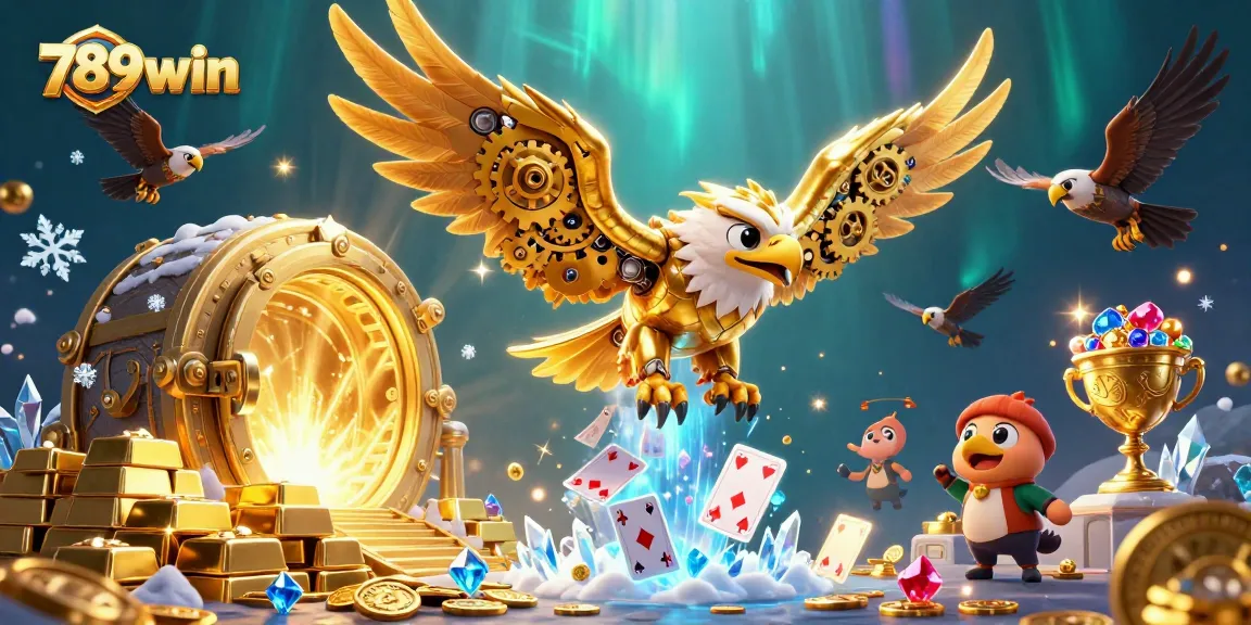 Engaging 3D scene of 789win featuring a cybernetic eagle amidst dazzling casino elements and treasure.